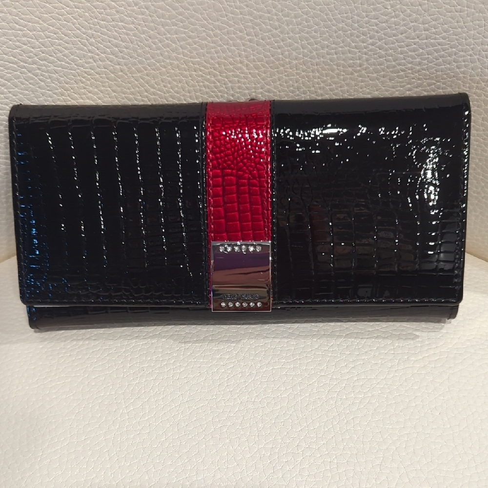 Elegant Black and Red Croc-Embossed Clutch
